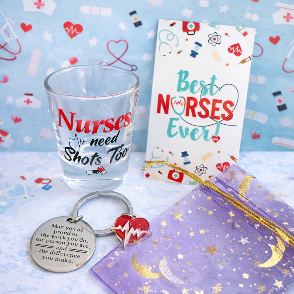 Nurses Need Shots Too Shot Glass - Clear with Red & Black Print and Key Chain